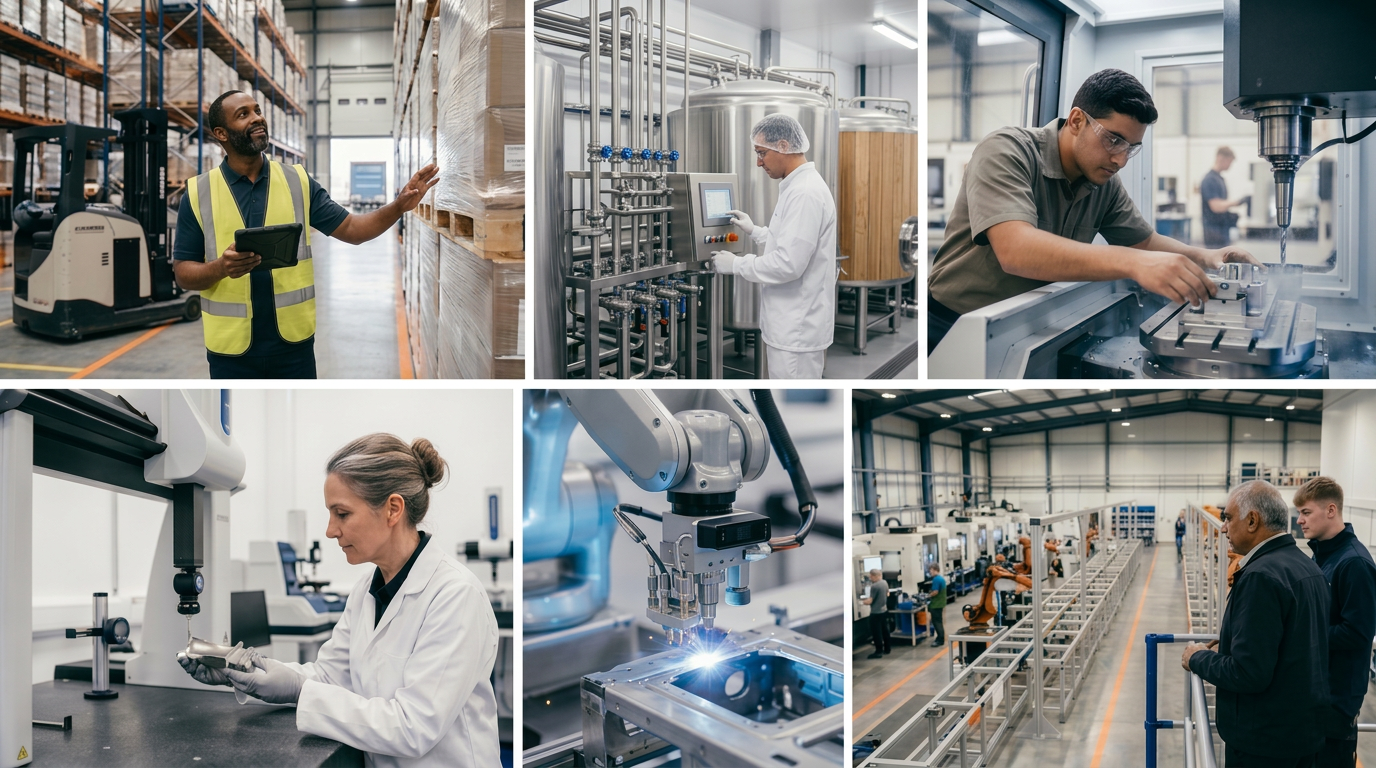 A collage of UK workplaces — warehouse logistics, textile workshop, CNC machining, precision metrology, and advanced manufacturing